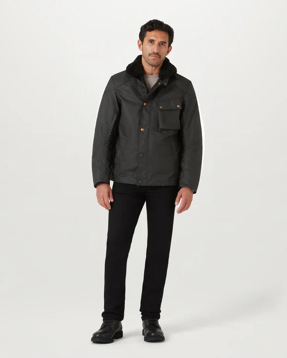 Belstaff Convoy Motorcycle Jacket Black worn by model on white background