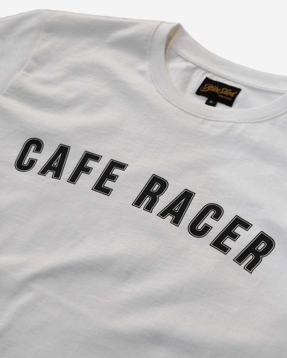 BSMC Cafe Racer T-Shirt - White studio image front logo close up