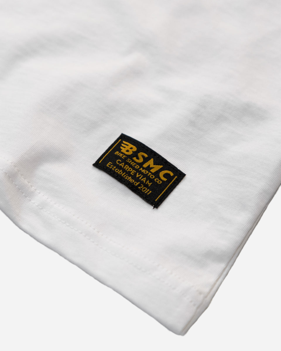 BSMC Cafe Racer T-Shirt - White studio image hem label close up