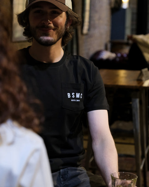 BSMC ESTD. Pocket T-Shirt - Black worn by model at the Bike Shed London
