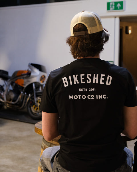 BSMC ESTD. Pocket T-Shirt - Black worn by model at the Bike Shed London