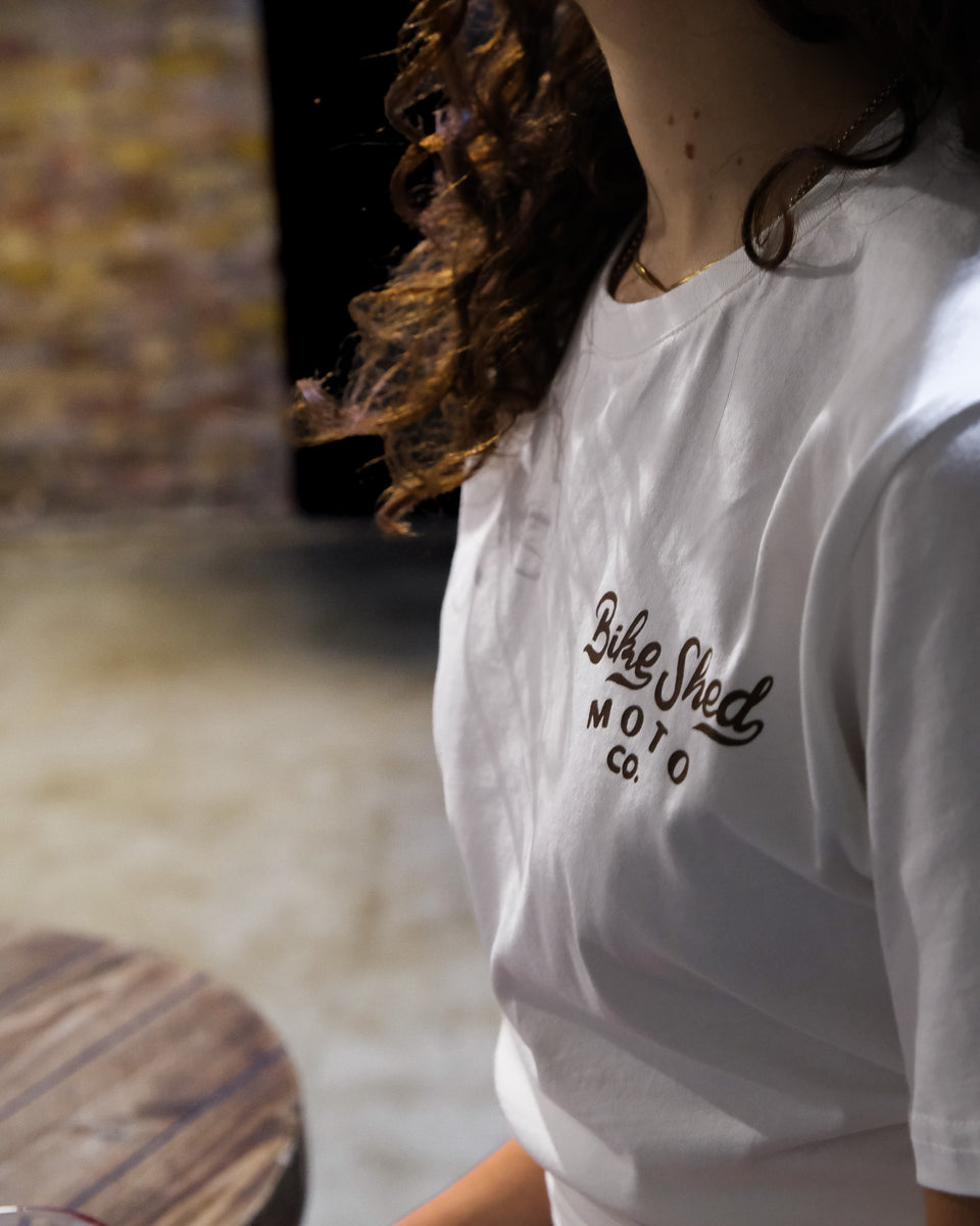 BSMC Desert Race T-Shirt - Ecru/Multi worn by model at Bike Shed London