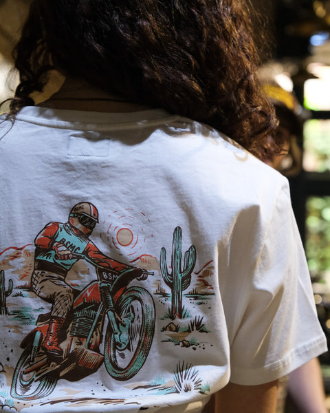 BSMC Desert Race T-Shirt - Ecru/Multi worn by model at Bike Shed London