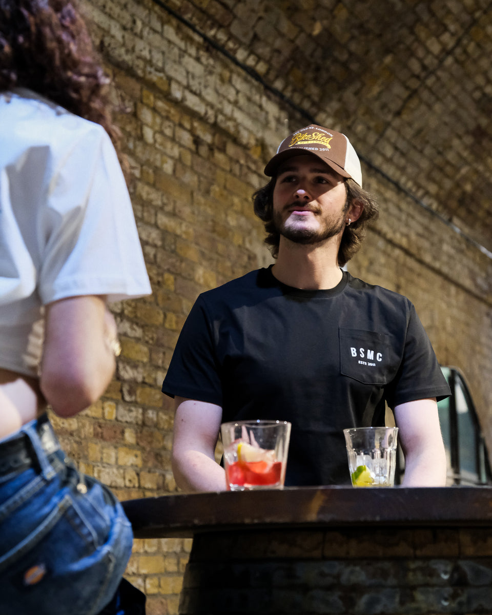 BSMC ESTD. Pocket T-Shirt - Black worn by model at the Bike Shed London