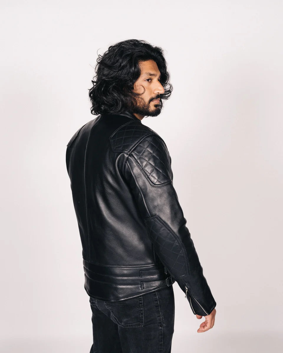 Goldtop 76 cafe racer Leather Motorcycle Jacket black worn by model