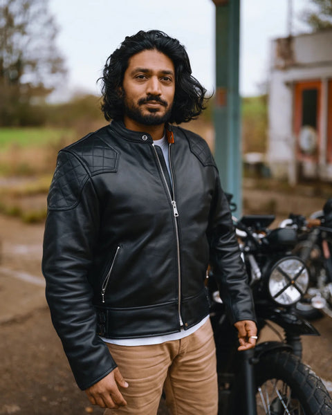Goldtop 76 cafe racer Leather Motorcycle Jacket black worn by model