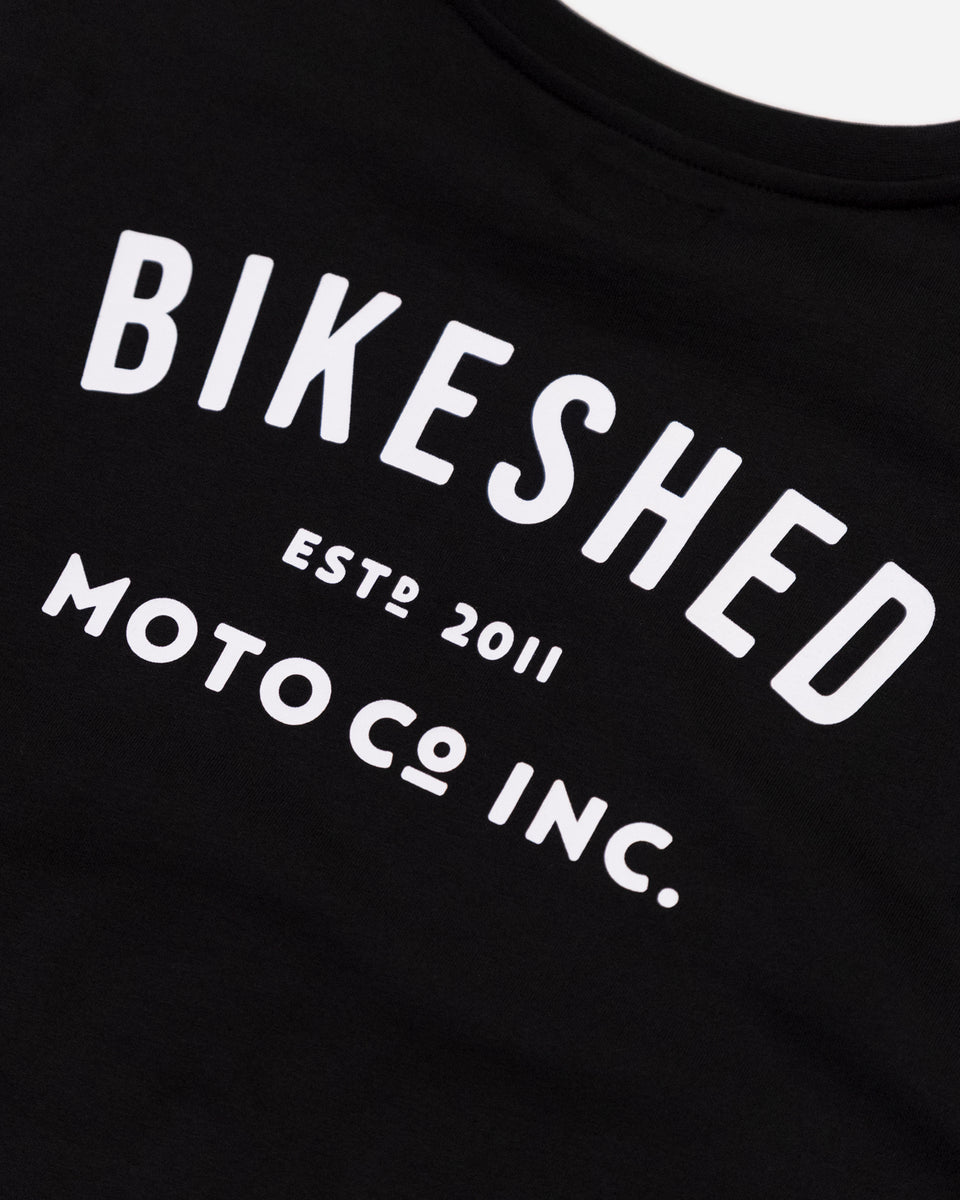 Bike Shed ESTD Longsleeve Black T-Shirt Studio Image Rear Close Up