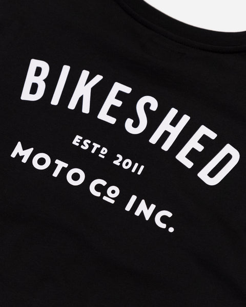Bike Shed ESTD Longsleeve Black T-Shirt Studio Image Rear Close Up