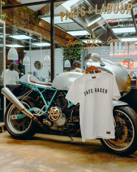 BSMC Cafe Racer T-Shirt - White hung from cafe racer motorcycle