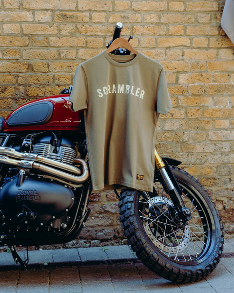 BSMC Scrambler T-Shirt - Green merchandised with motorcycle