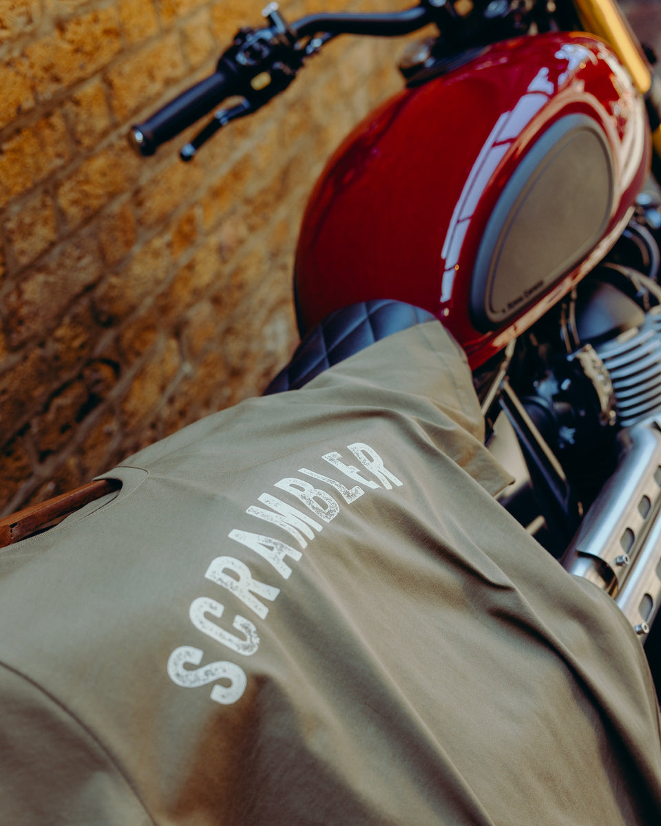 BSMC Scrambler T-Shirt - Green merchandised with motorcycle