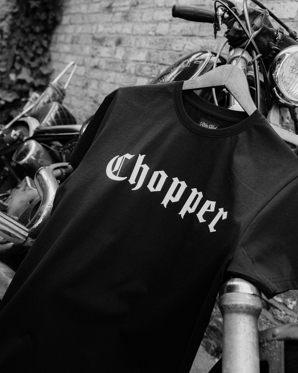 BSMC Chopper T-Shirt - Black close up on motorcycle