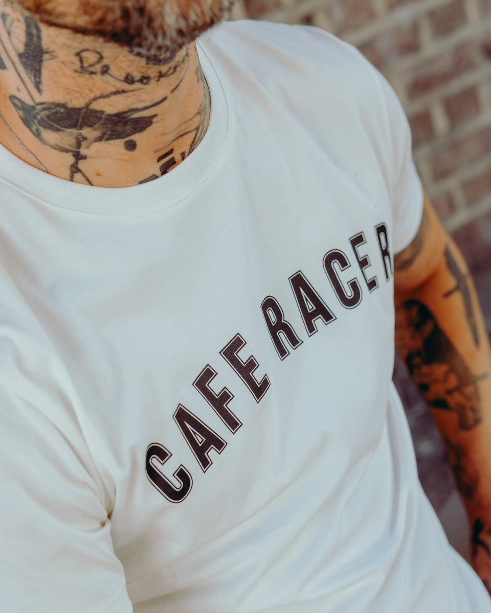 BSMC Cafe Racer T-Shirt - White worn by model close up