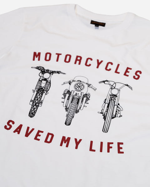 BSMC Motorcycles Saved My Life T-Shirt - White studio image chest print close up