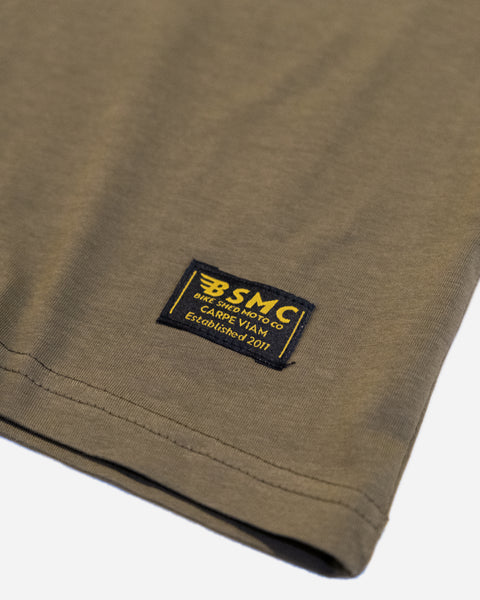 BSMC Scrambler T-Shirt - Green studio image hem label close up