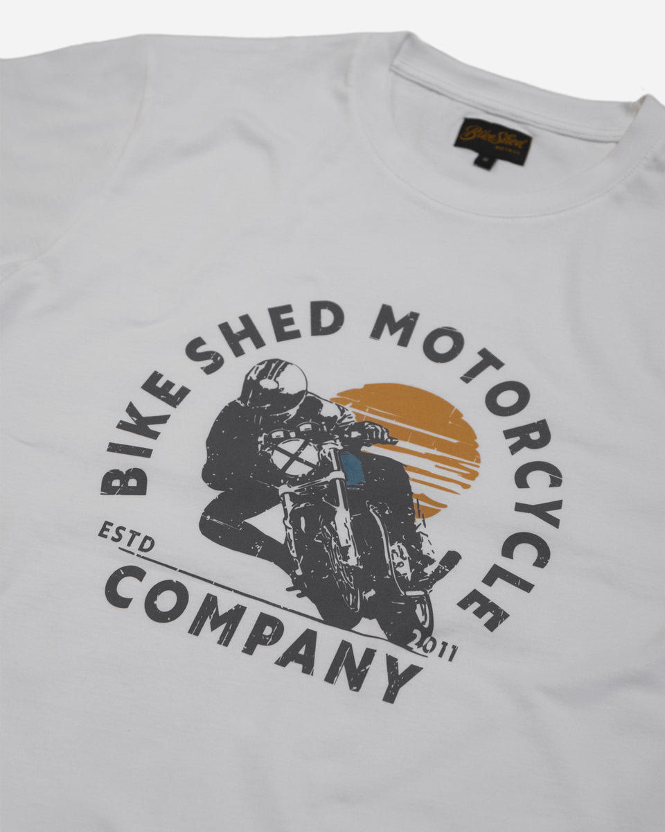 BSMC Sunset Track T-Shirt - White studio image front logo close up
