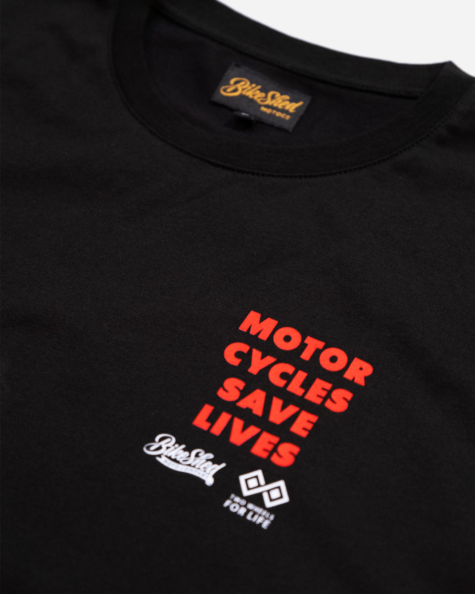 BSMC x Two Wheels For Life T-Shirt - Black studio image front logo close up