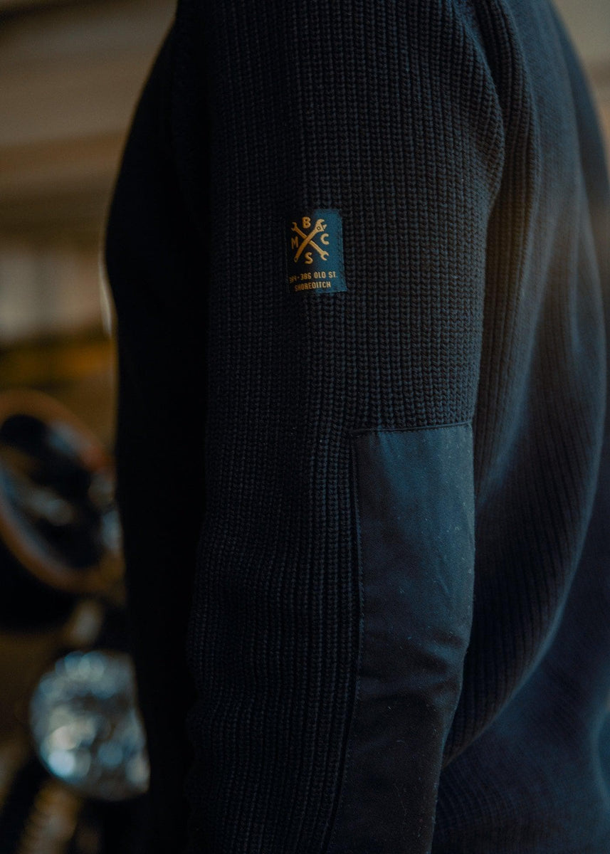 Chunky Knit Crew Neck Motorcycle Sweatshirt - Black