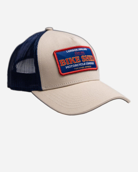 BSMC Embroidered Patch Motorcycle Cap - Cream & Blue
