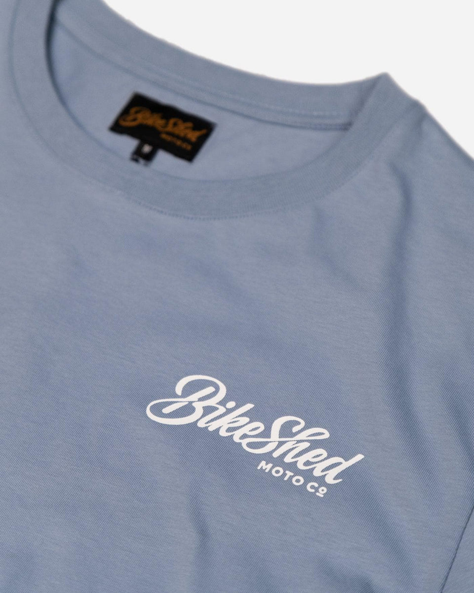 Blue pennant chest logo motorcycle T-Shirt - front detail