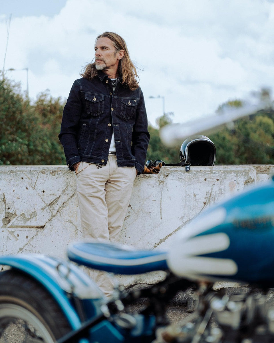Model wearing BSMC Motorcycle Denim Jacket - Cordura Indigo