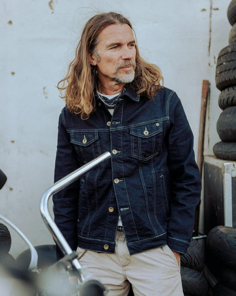 Model wearing BSMC Motorcycle Denim Jacket - Cordura Indigo
