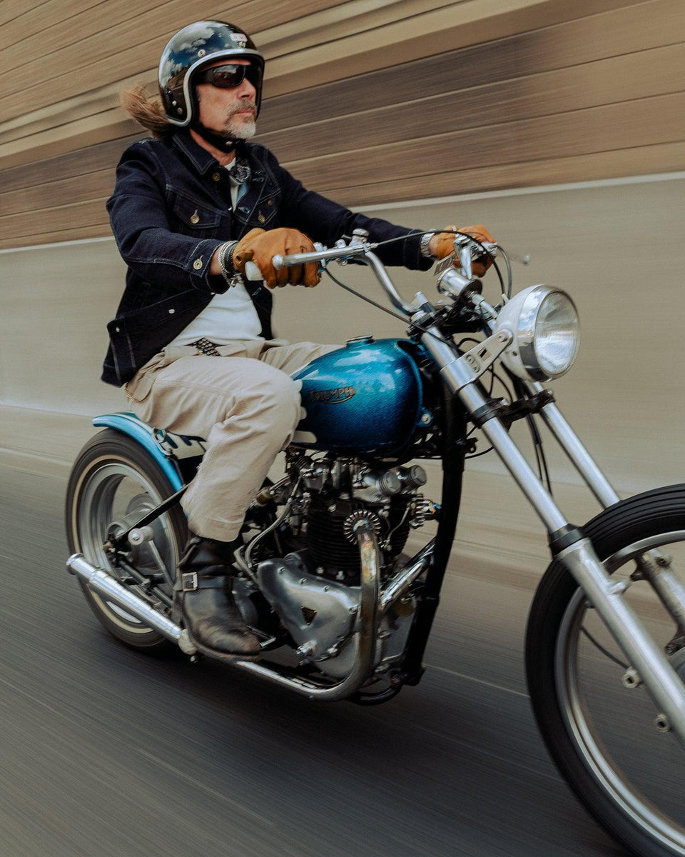 Model wearing BSMC Motorcycle Denim Jacket - Cordura Indigo